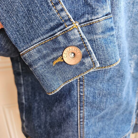 Cavalini Denim Collection Jacket Small Long Sleeve Blue Jean Factory Distressing - Picture 6 of 9